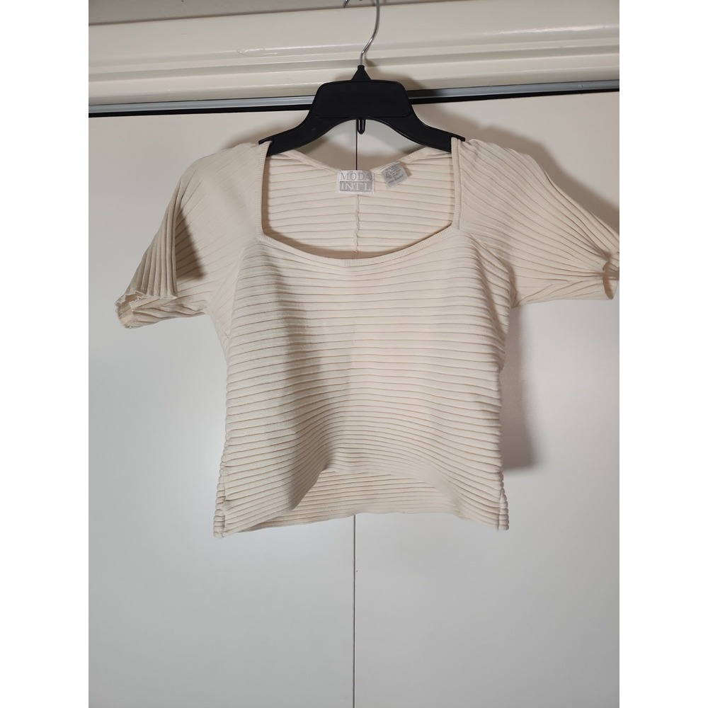 Vintage Moda International Silk Blend Ribbed Crop Top, Cream Colored Size L